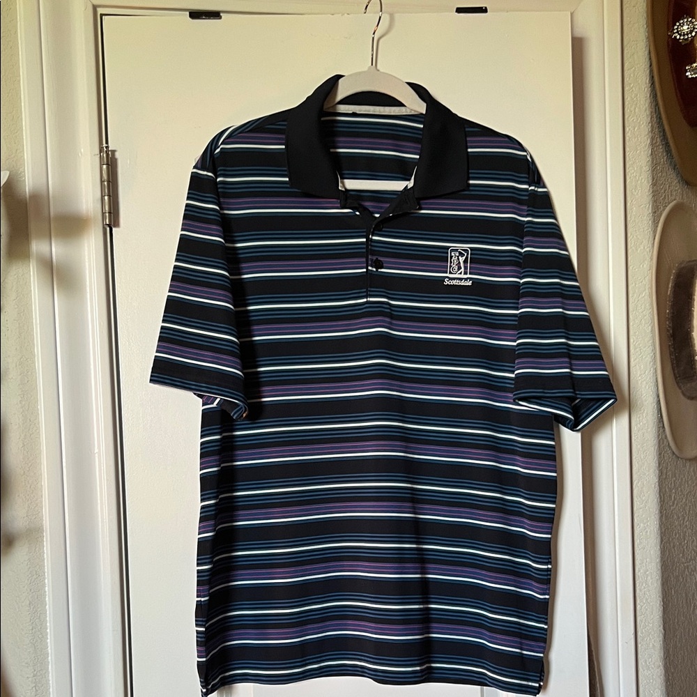 Striped Black Polo with Purple & Teal Accents by Sonoma